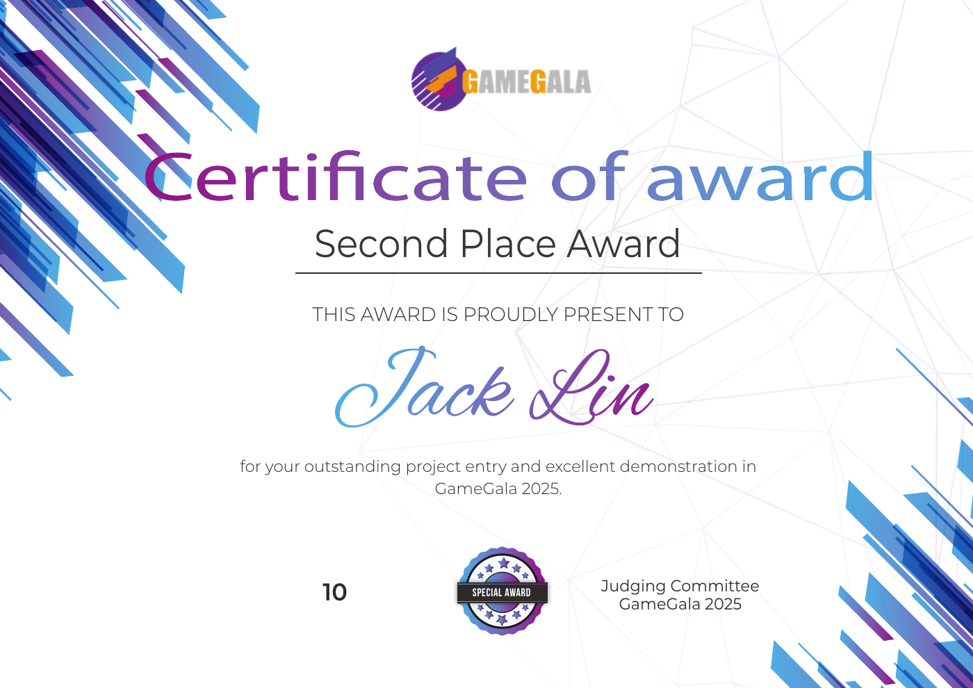 GameGala 2025 second-place certificate awarded to Jack Lin