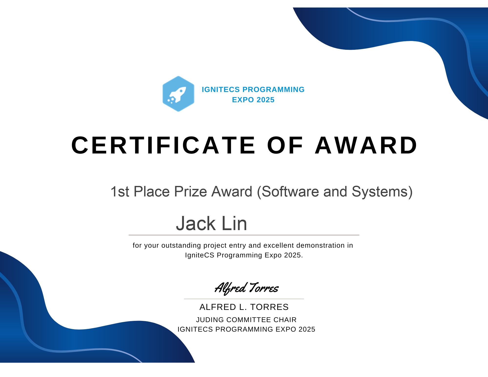 IgniteCS Programming Expo 2025 first-place certificate awarded to Jack Lin